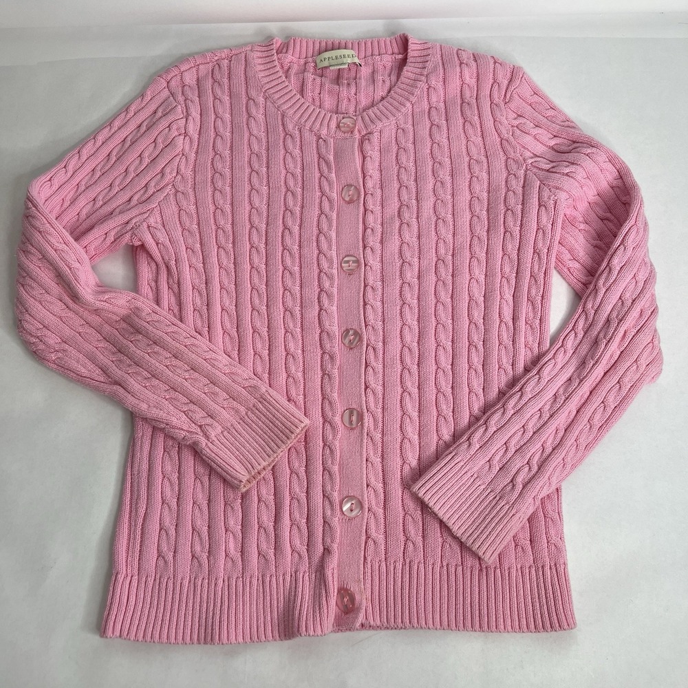 Appleseed's Pink Cable Knit 100% Cotton Cardigan M Bubblegum Cottagecore Summer